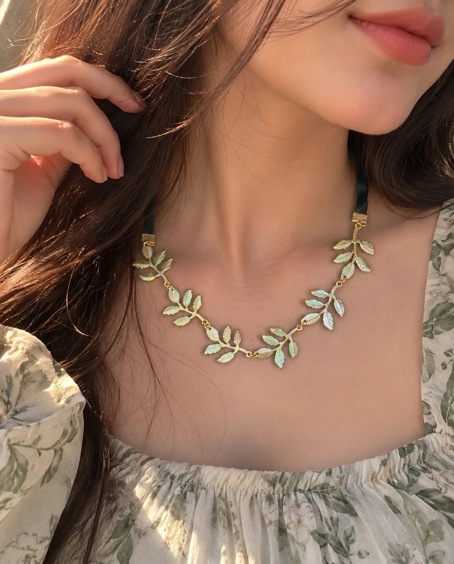 Golden Leaf Vine Ribbon Necklace